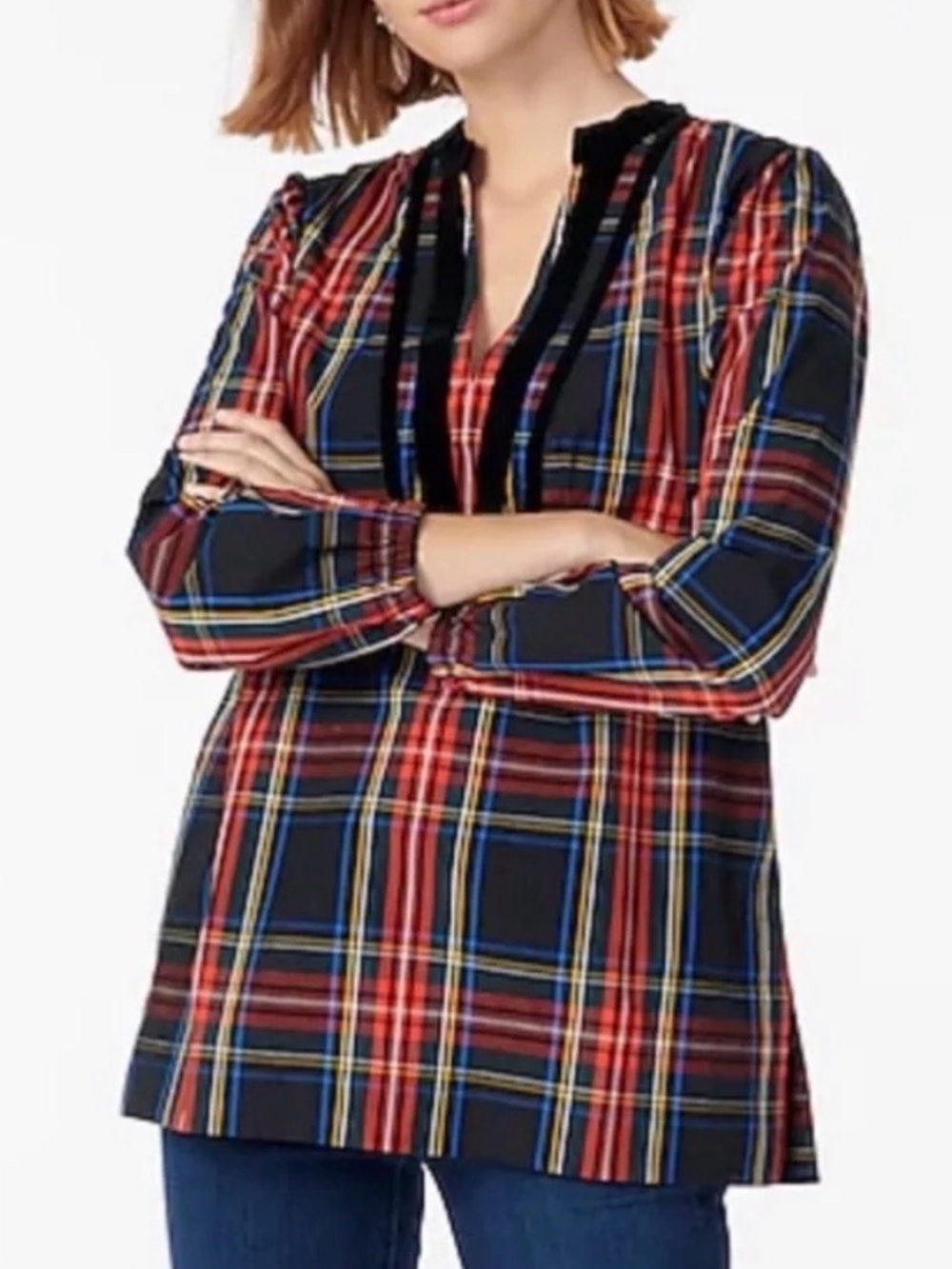 J Crew Black Stewart Tartan Plaid Velvet Trim V-neck Tunic, NWOT, size M